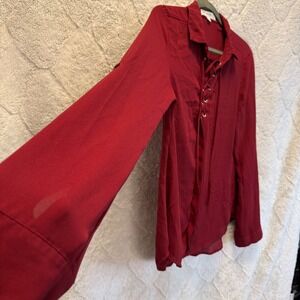 Dark Romantic Boho Top Burgundy Love Tree Lace Up Grommet Roll Tab Sleeve Blouse